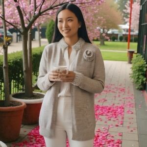 NWT A Giannetti Embellished Pearl & Sequin Collar Open Front Cardigan Size Small